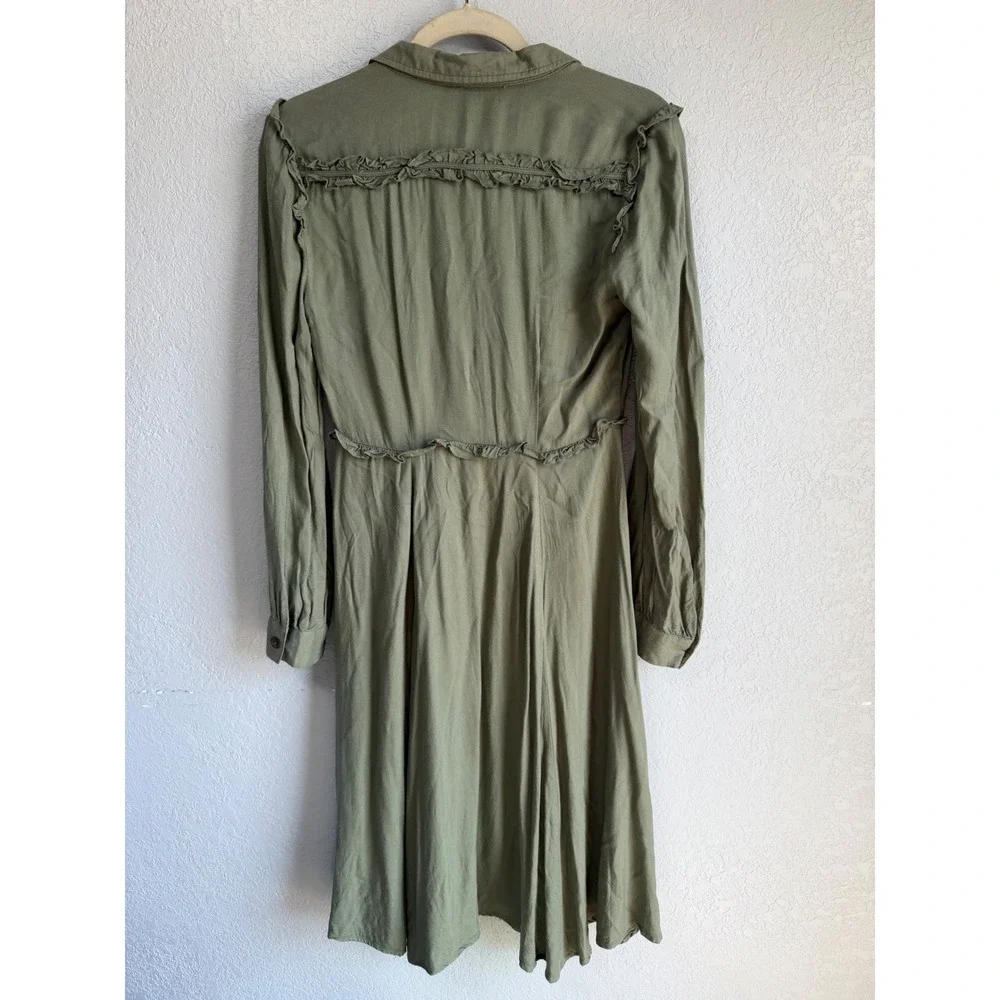 Matilda Jane Olive Green Ruffle Utility Shirt Dress Rayon Lace Accent Small